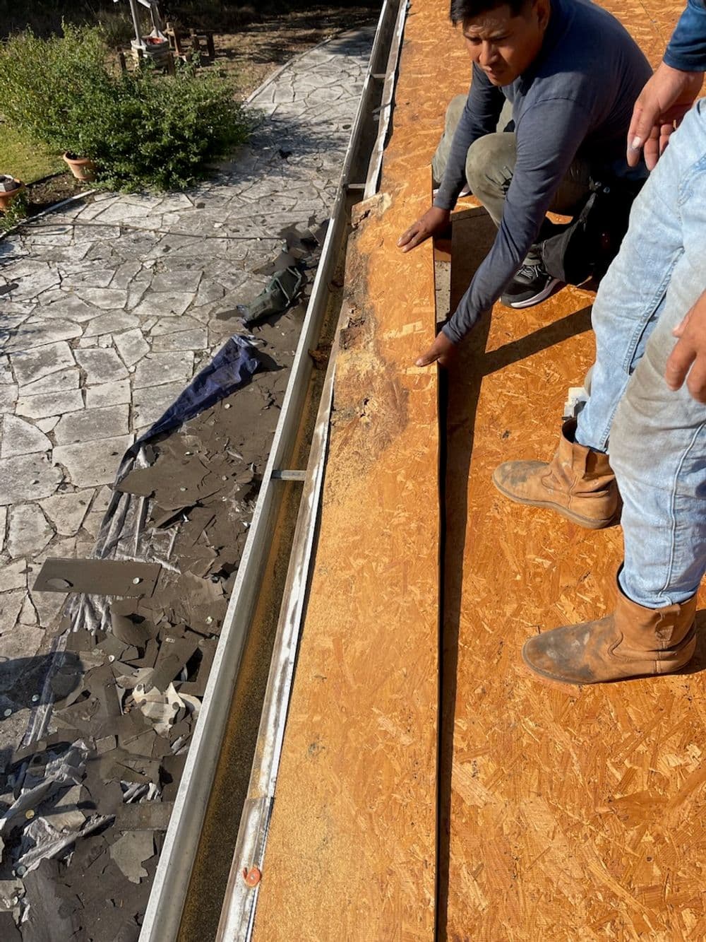 Roof repair workers inspecting wooden decking on a residential building under sunlight.